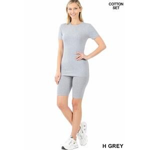 Cotton Round Neck Top & Biker shorts set (H-Grey)- Large